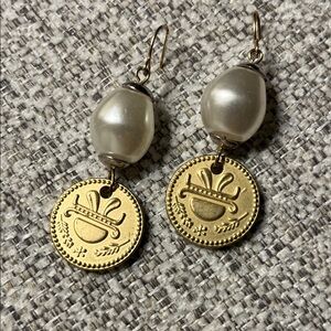 Gold‎ To e Coin and Faux Pearl Drop Earrings